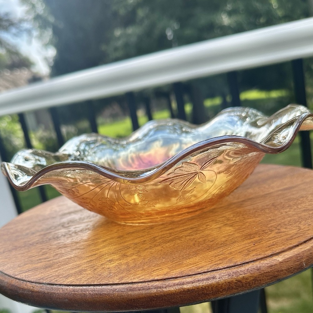Jeanette Carnival Glass Bowl Vtg Iridescent Orange Floragold Louisa Ruffled 9.5"